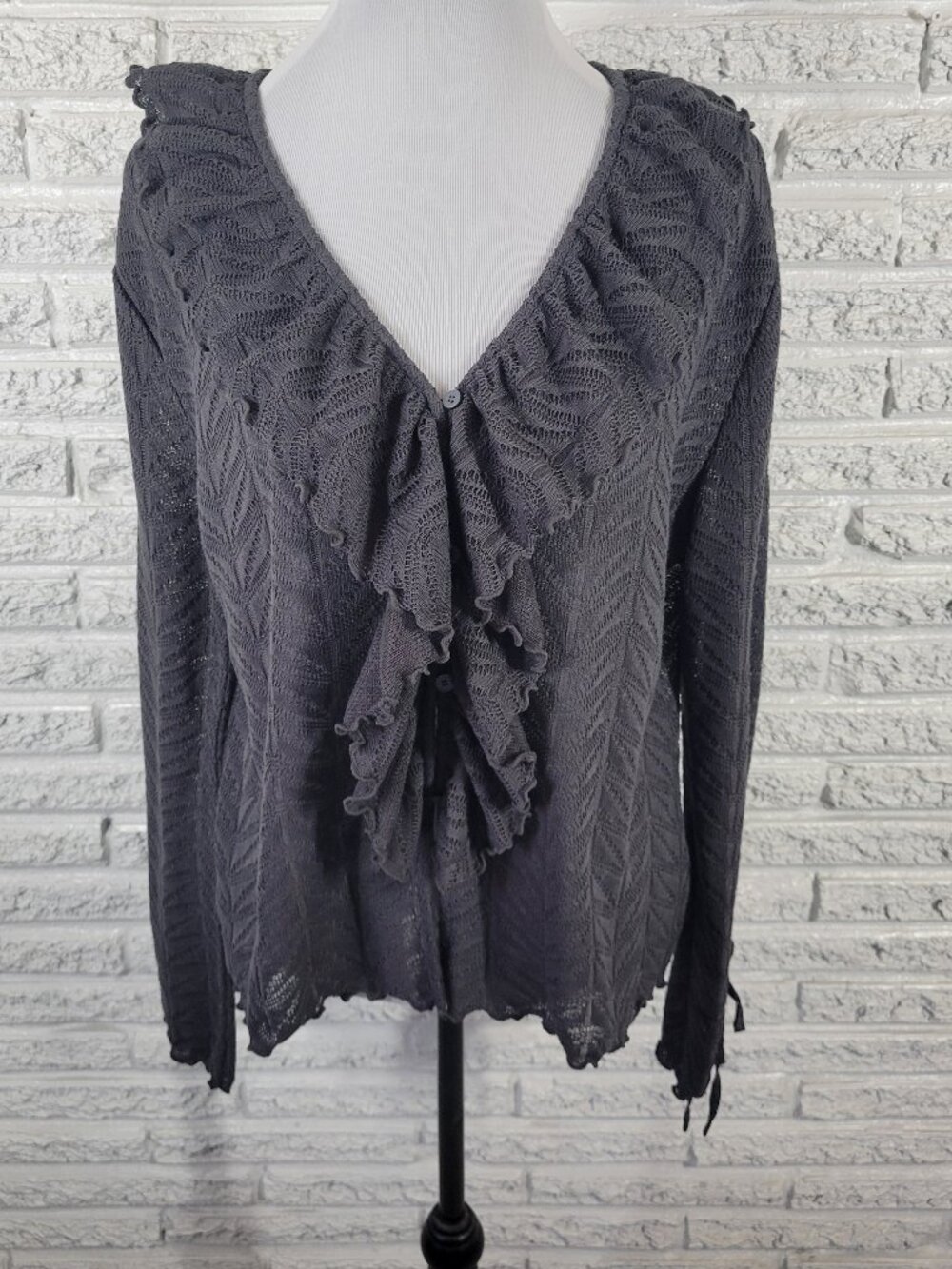 Loft‎ Women XL Cardigan Sweater Gray Open Knit V-Neck Ruffle Long Sleeve GRA97E